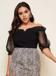SHEIN Privé Top de hombros descubiertos con fruncido de manga farol de malla transparente - grande - Negro - Ver 1