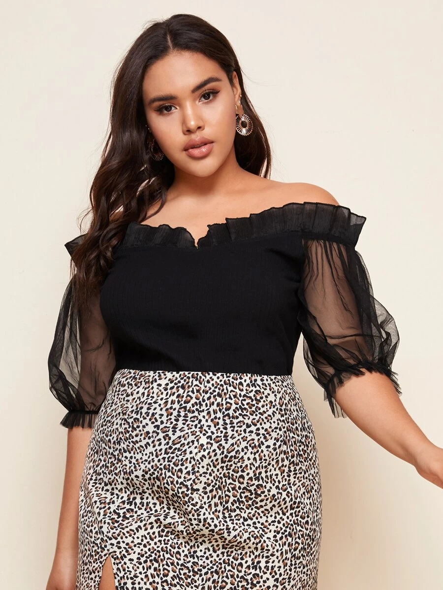 SHEIN Privé Top de hombros descubiertos con fruncido de manga farol de malla transparente - grande - Negro - Ver 1