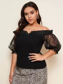 SHEIN Privé Top de hombros descubiertos con fruncido de manga farol de malla transparente - grande - Negro - Ver 3