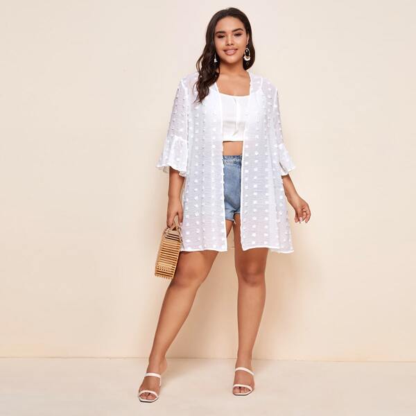 

Plus Swiss Dot Flounce Sleeve Kimono, White
