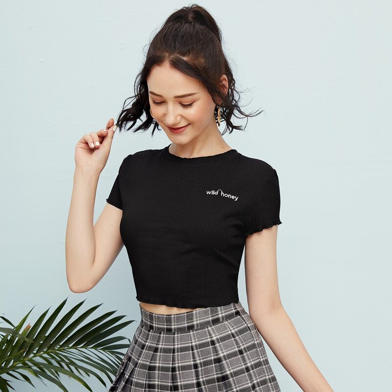 

Letter Embroidery Ribbed Crop Top, Black