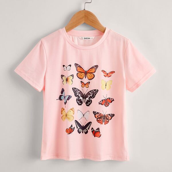 

Girls Butterfly Print Short Sleeve Tee, Baby pink