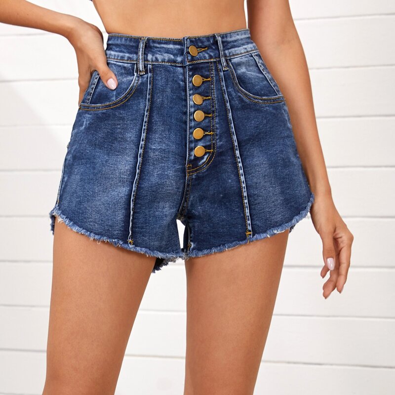 

Button Front Raw Hem Denim Shorts, Dark wash
