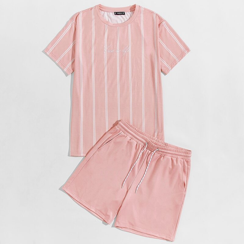 

Guys Embroidery Slogan Striped Top & Shorts Set, Baby pink