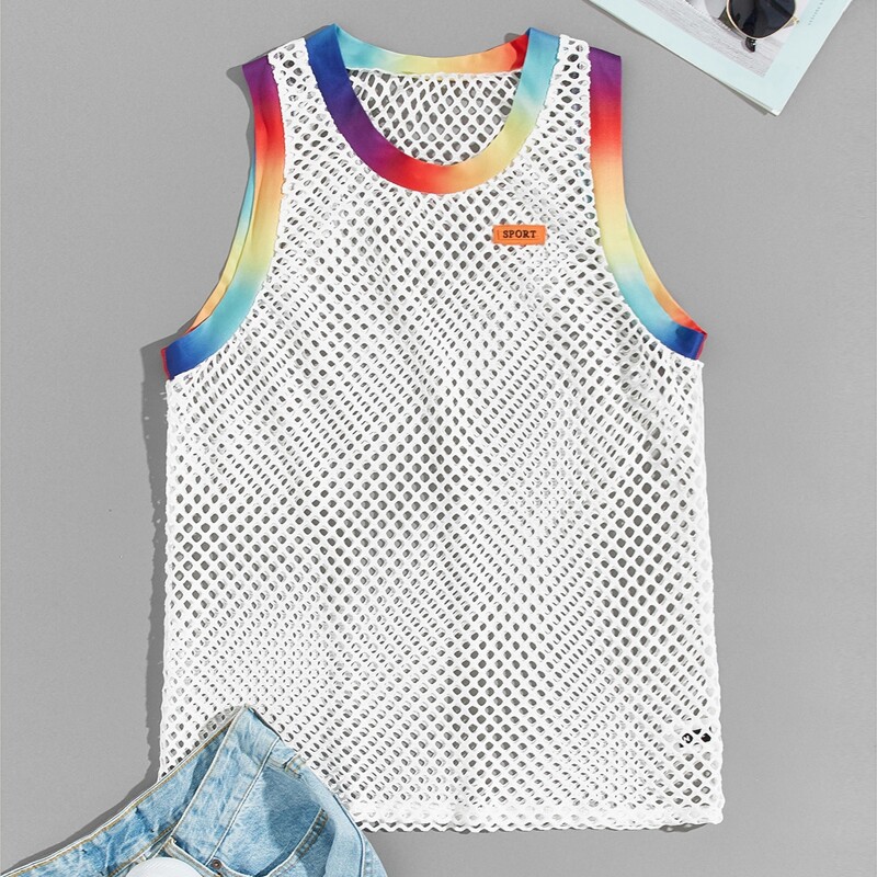 

Guys Sheer Fishnet Colorful Ringer Tank Top, White