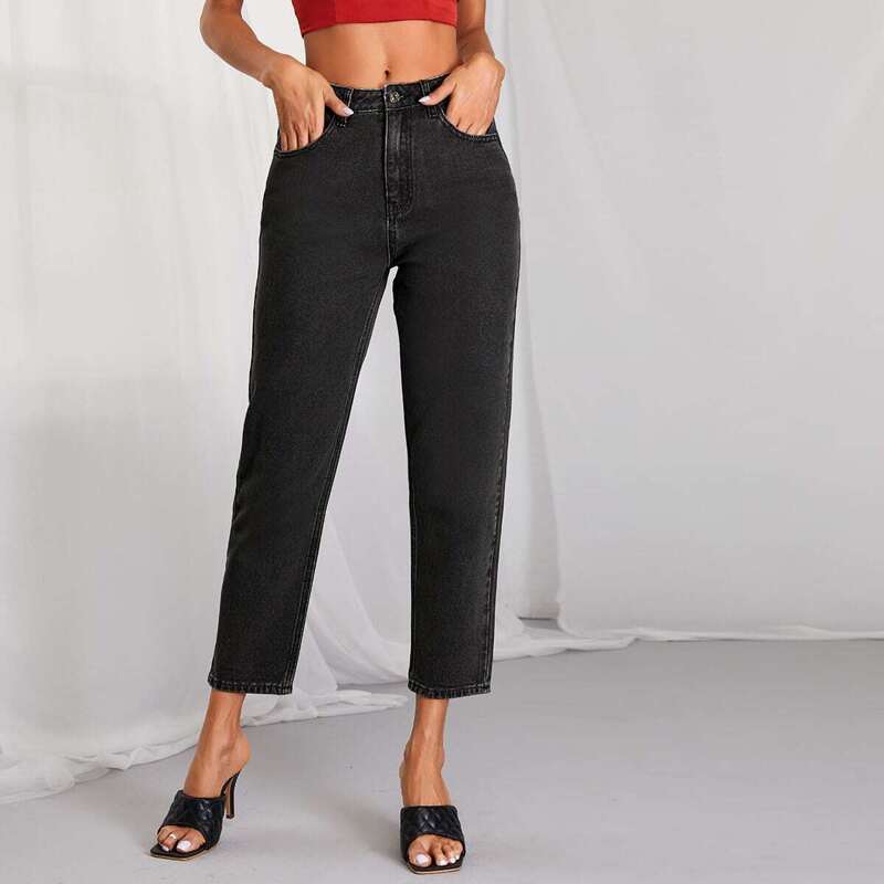 

High Waist Slant Pocket Jeans, Black