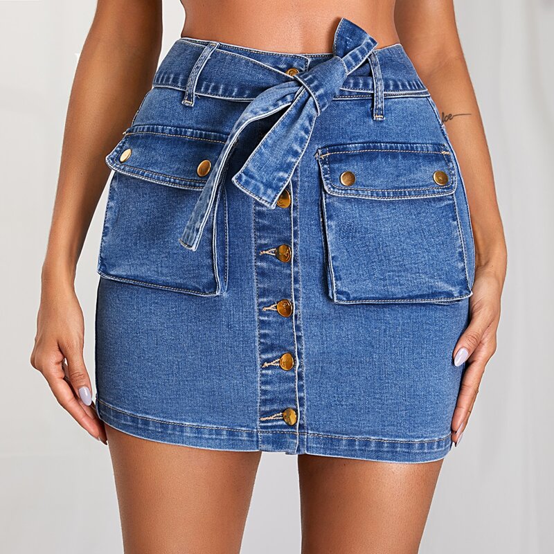 

Button Front Belted Denim Skirt, Blue