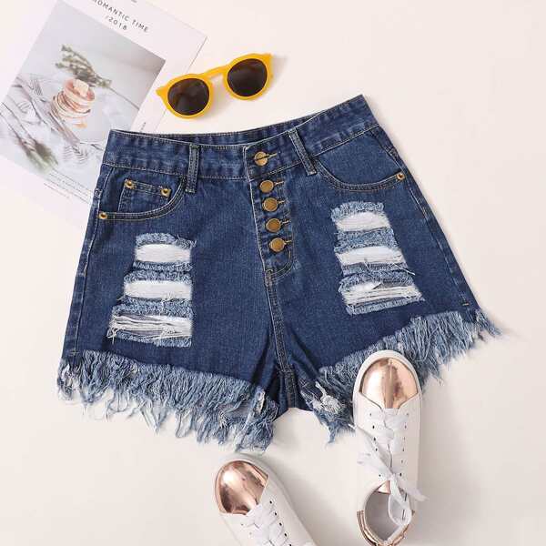 

Laddering Ripped Raw Hem Denim Shorts, Navy blue