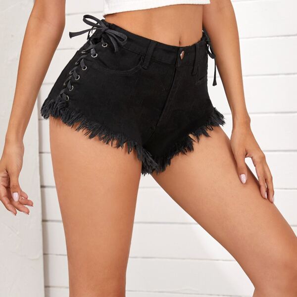 

Eyelet Lace Up Knot Raw Hem Denim Shorts, Black