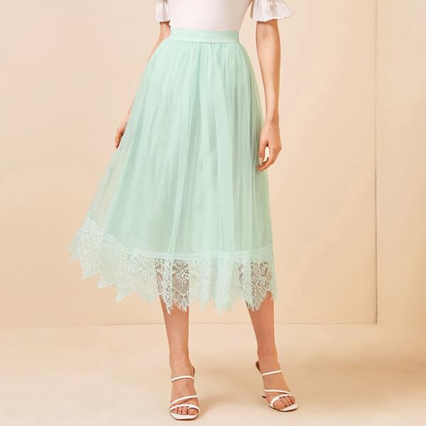 

Elastic Waist Lace Hem Mesh Flare Skirt, Mint green