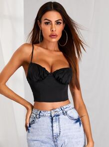 SHEIN Lace-up Back Ruched Bust Crop Cami Top - Black - View 1