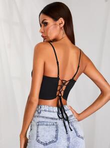 SHEIN Lace-up Back Ruched Bust Crop Cami Top - Black - View 2