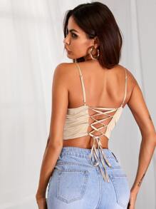 SHEIN Unity Lace-up Back Ruched Bust Crop Cami Top - Apricot - View 2
