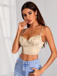 SHEIN Unity Lace-up Back Ruched Bust Crop Cami Top - Apricot - View 4