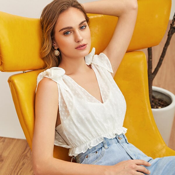 

Knot Shoulder Ruffle Detail Swiss Dot Chiffon Bodysuit, White
