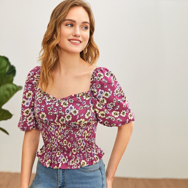 

Puff Sleeve Shirred Detail Ruffle Hem Floral Top, Multicolor