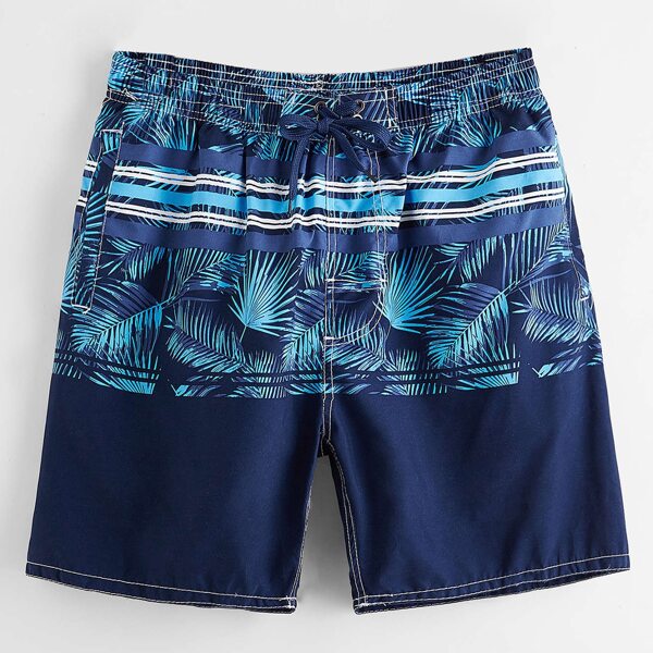 

Men Striped Tropical Print Swim Trunks, Navy blue