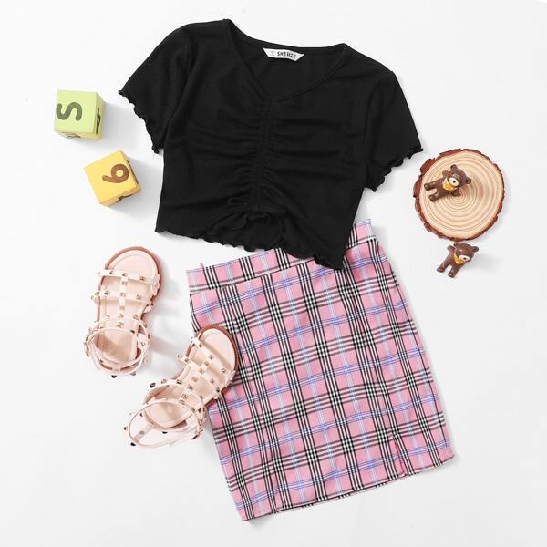 

Girls Lettuce Trim Drawstring Knot Front Top & Tartan Skirt Set, Multicolor