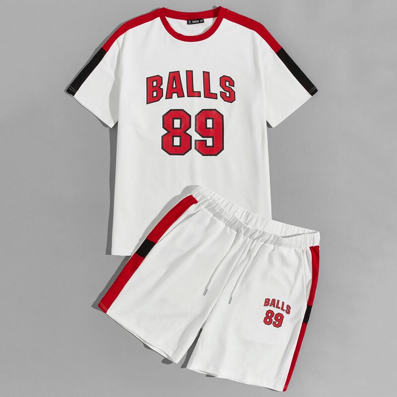 

Guys Letter Graphic Contrast Sideseam Top & Shorts Set, White