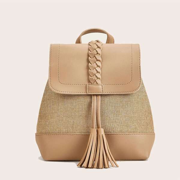 

Tassel Decor Flap Backpack, Apricot