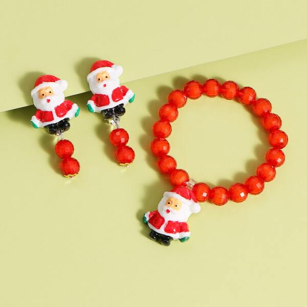

3pcs Toddler Girls Santa Claus Beaded Jewelry Set, Red
