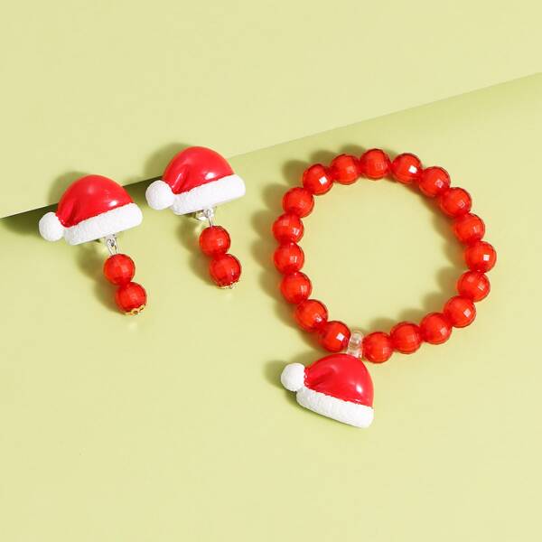 

3pcs Toddler Girls Hat Beaded Jewelry Set, Red