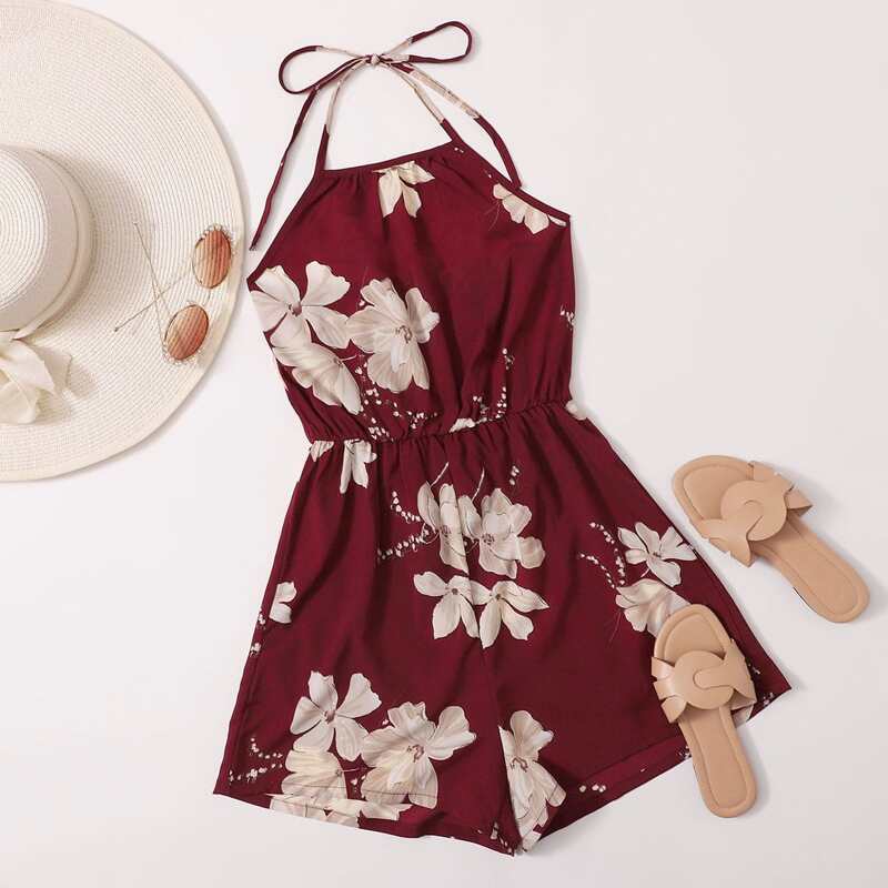 

Large Floral Halter Romper, Burgundy
