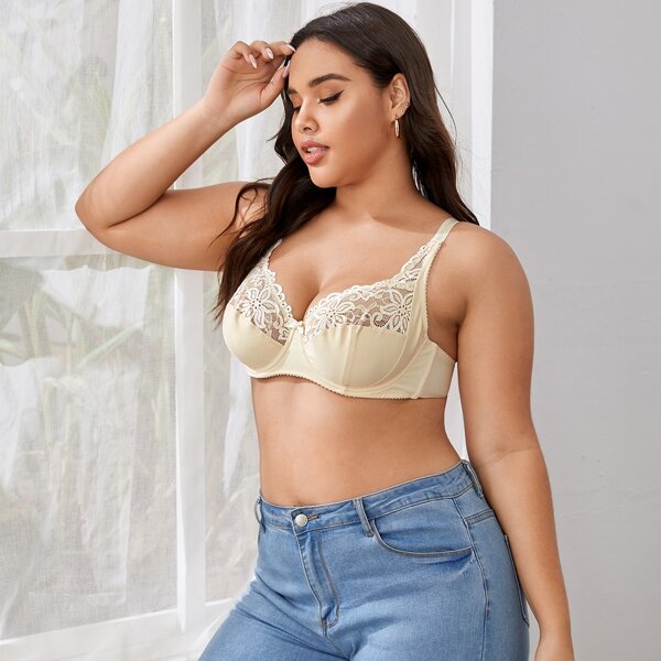 

Plus Floral Lace Underwire Bra, Beige