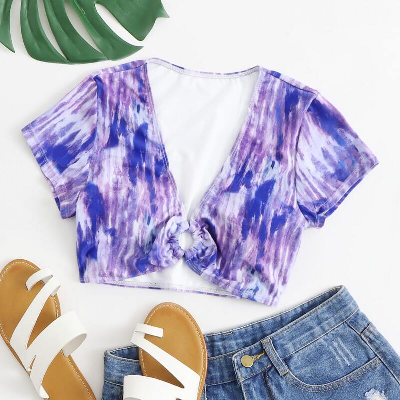 

Tie Dye Ring Linked Bikini Top, Purple