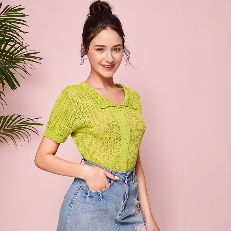 

Button Front Pointelle Knit Top, Lime green