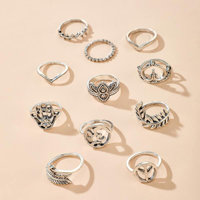 

11pcs Leaf Design Ring, Silver