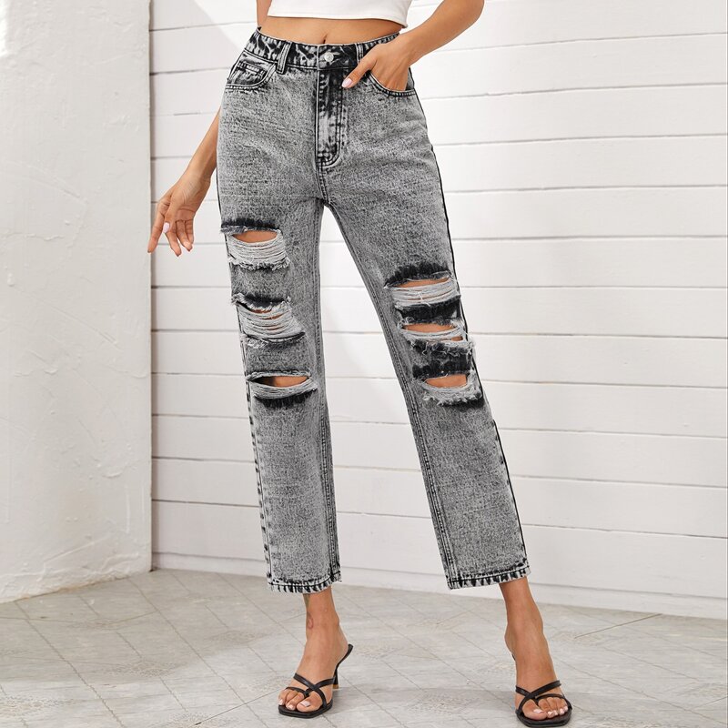 

Ripped Straight Leg Cropped Jeans, Light grey