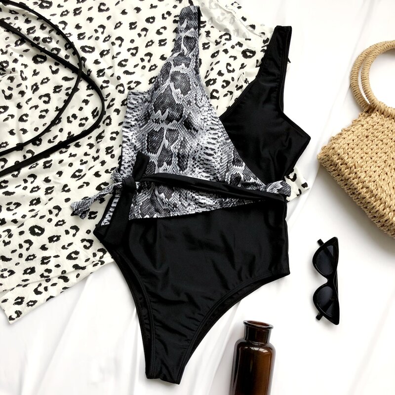 

Belted Contrast Snakeskin One-Piece Swimsuit, Black and white