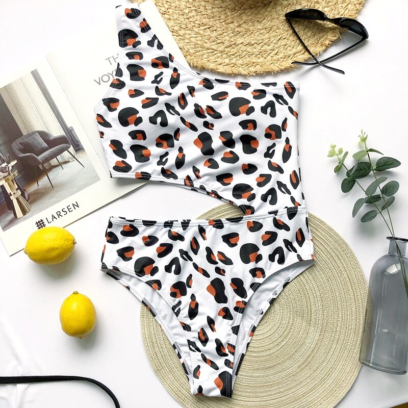 

Leopard Cut-out One Shoulder One Piece Swimsuit, Multicolor