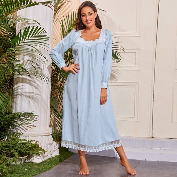 

Schiffy Yoke Buttoned Front Embroidery Mesh Hem Nightdress, Baby blue
