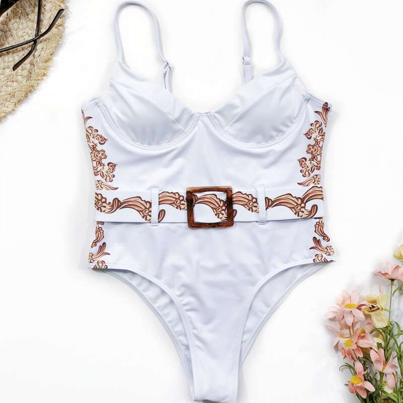 

Floral Belted Underwire One Piece Swimsuit, White