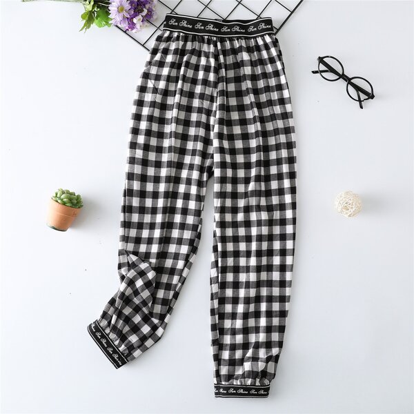 

Boys Gingham Letter Tape Pants, Black and white