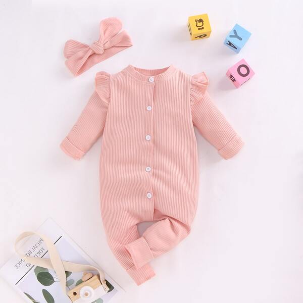

Baby Girl Ruffle Trim Button Front Jumpsuit & Headband, Coral pink