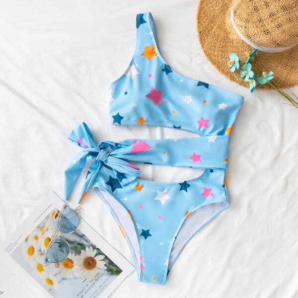

Star Print Tie Waist One Shoulder One Piece Swimsuit, Pastel baby blue