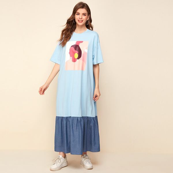 

Drop Shoulder Figure Graphic Contrast Hem Dress, Baby blue