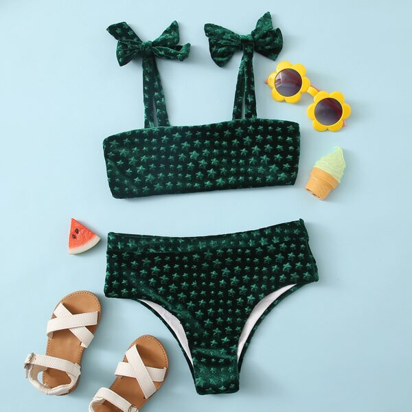 

Girls Star Pattern Velvet Tie Shoulder Bikini Swimsuit, Dark green