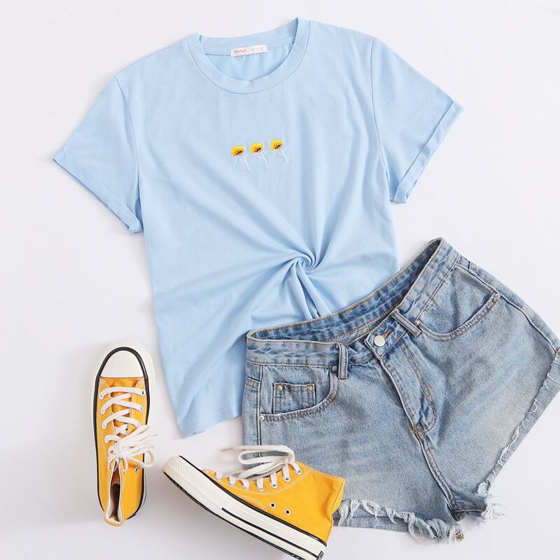

Flower Embroidery Tee, Blue