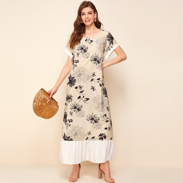 

Contrast Trim Ruffle Hem Floral Print Dress, Apricot