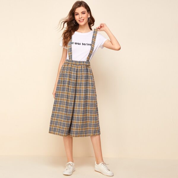 

Elastic Waist Tartan Suspender Palazzo Pants, Multicolor
