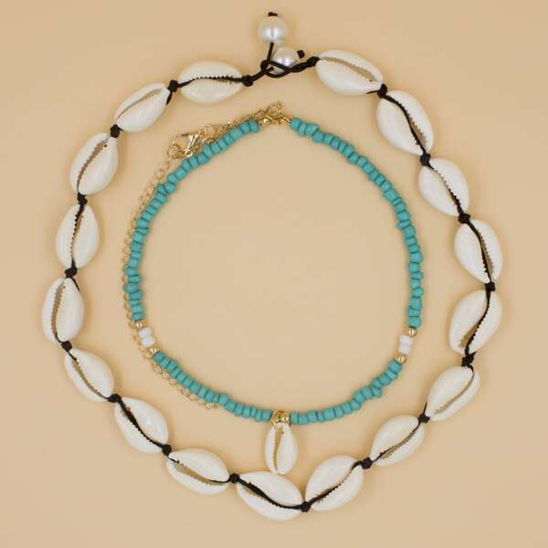 

2pcs Shell Beaded Necklace, Black and white