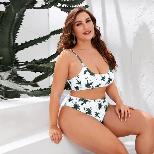 

Plus Tie Dye High Waisted Bikini Swimsuit, Multicolor
