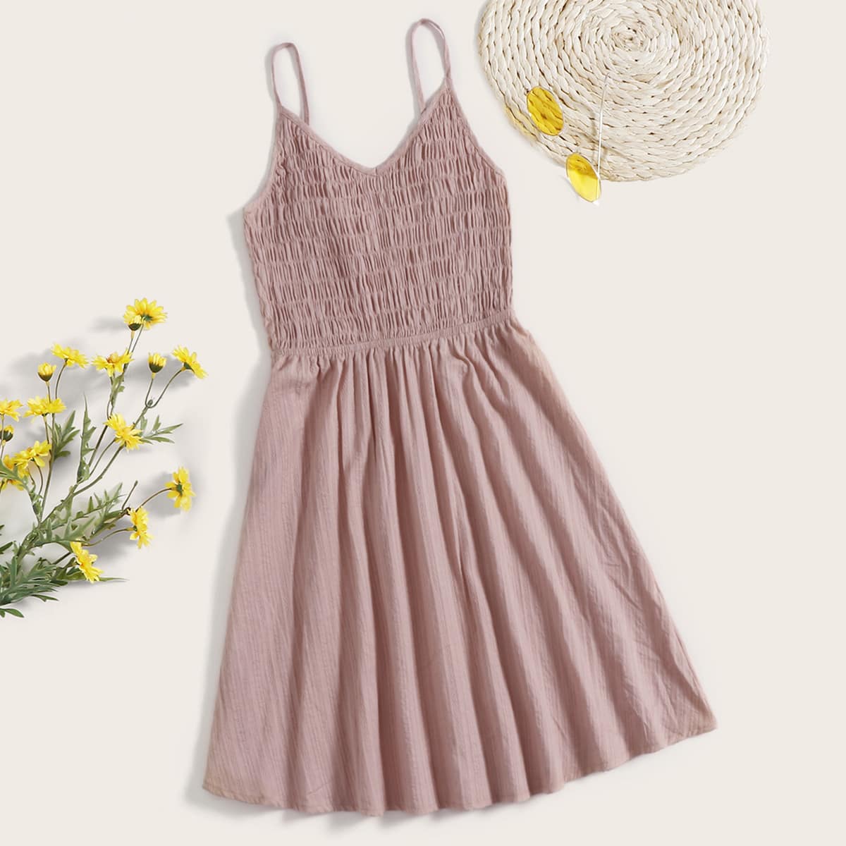 

Solid Shirred Cami Dress, Pink