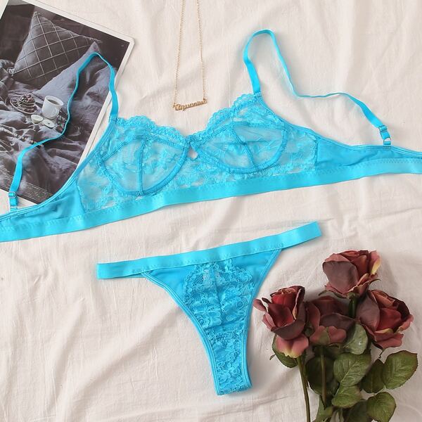 

Floral Lace Thong Lingerie Set, Mint blue