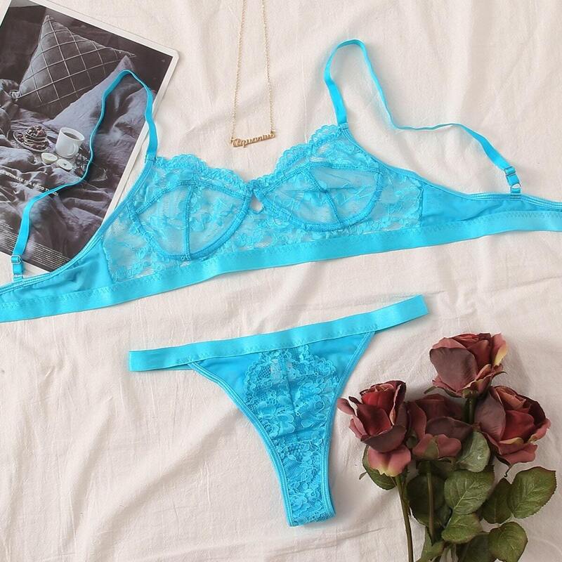 

Floral Lace Thong Lingerie Set, Mint blue