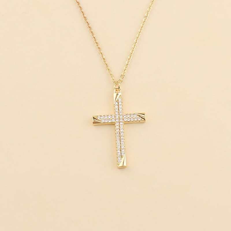 

Rhinestone Cross Charm Necklace, Gold